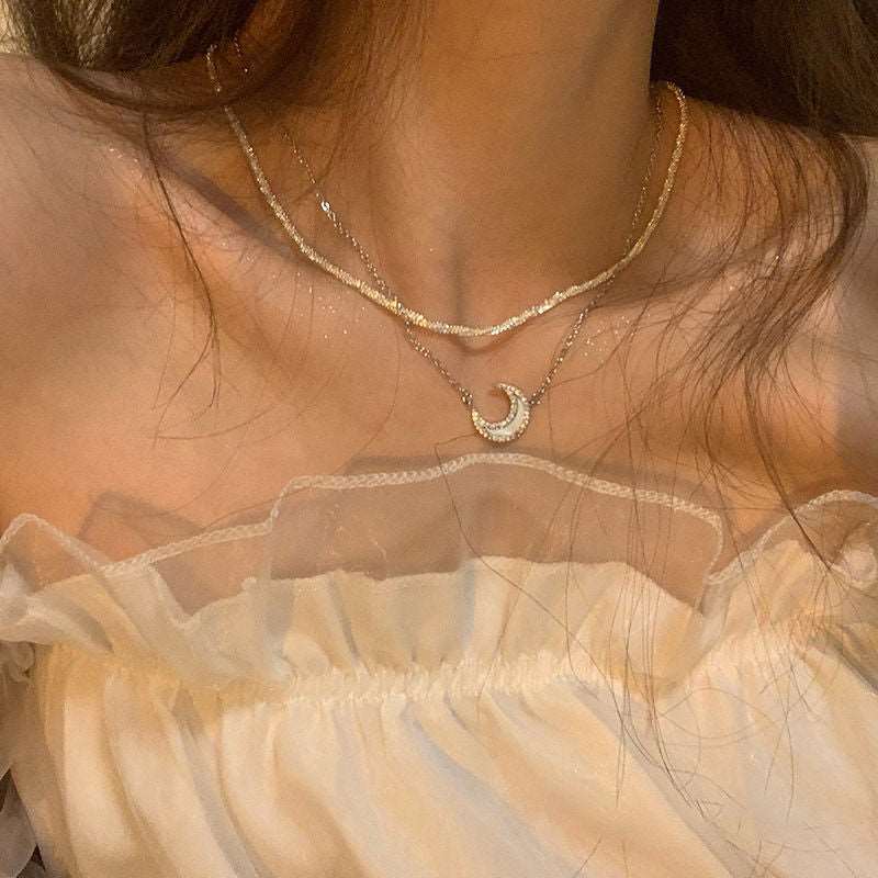 Double Layer Opal Moon Charm Necklace