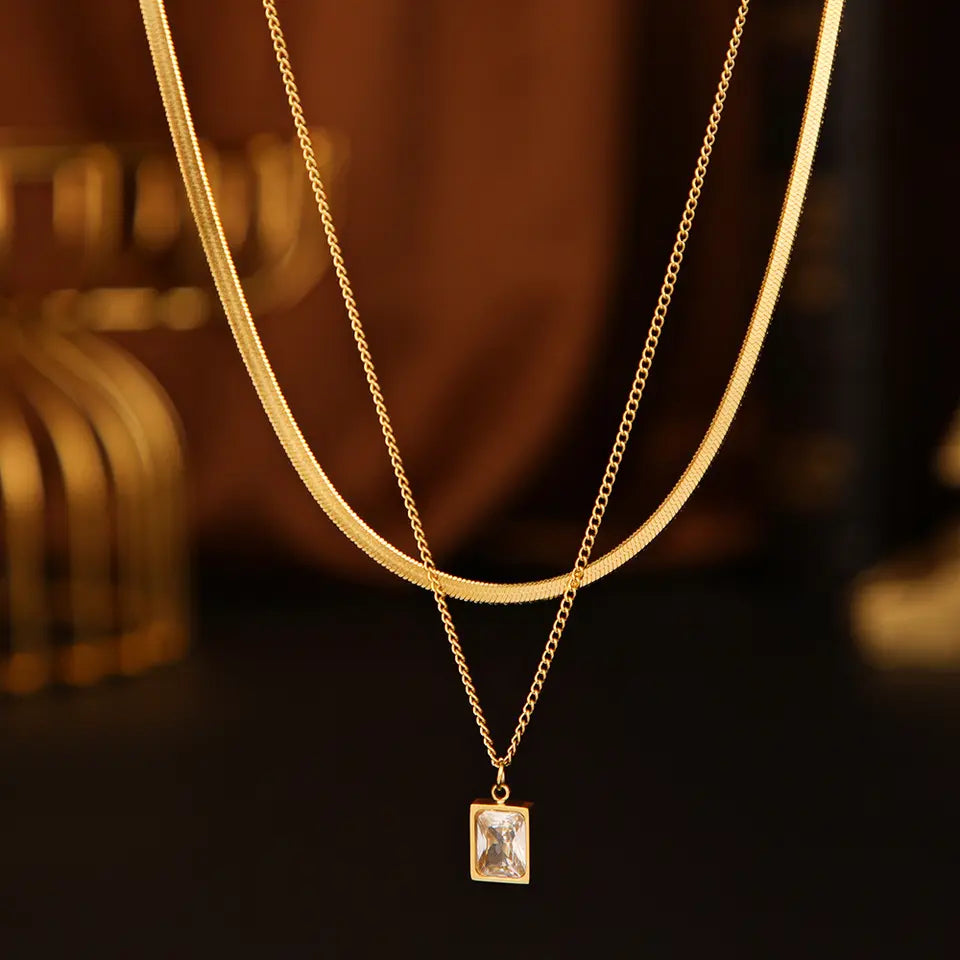Double Layer Stainless Steel Chain Charm pendant Necklace