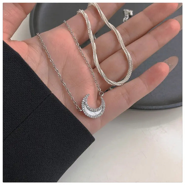 Double Layer Opal Moon Charm Necklace