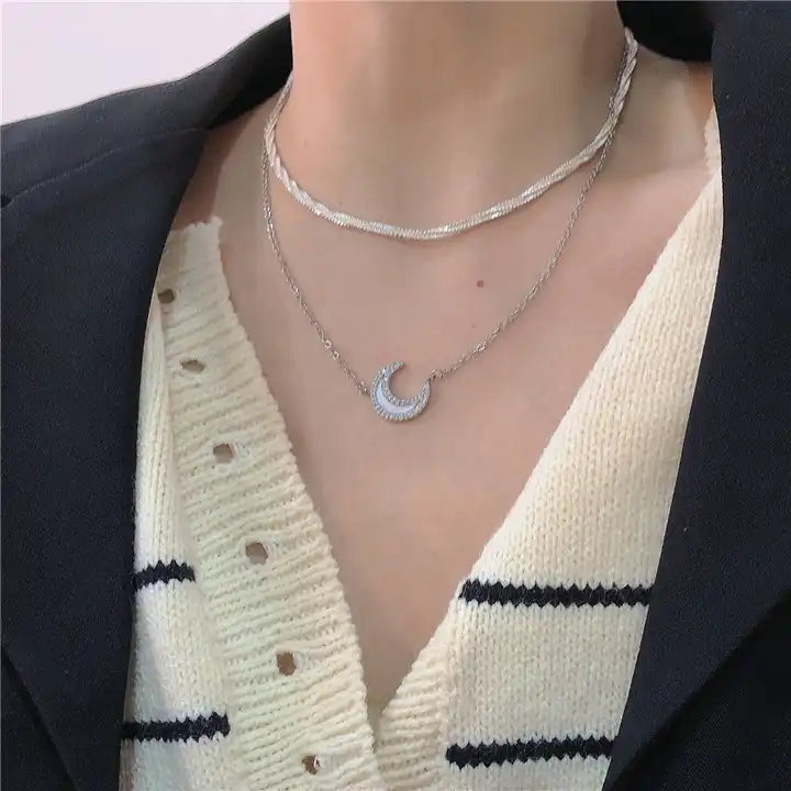 Double Layer Opal Moon Charm Necklace