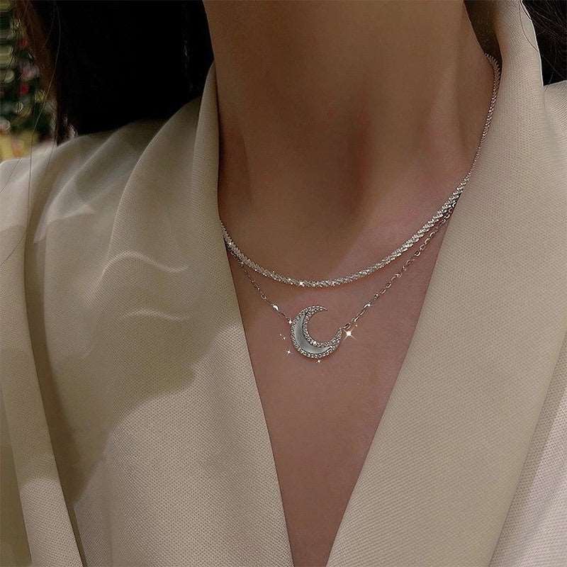 Double Layer Opal Moon Charm Necklace