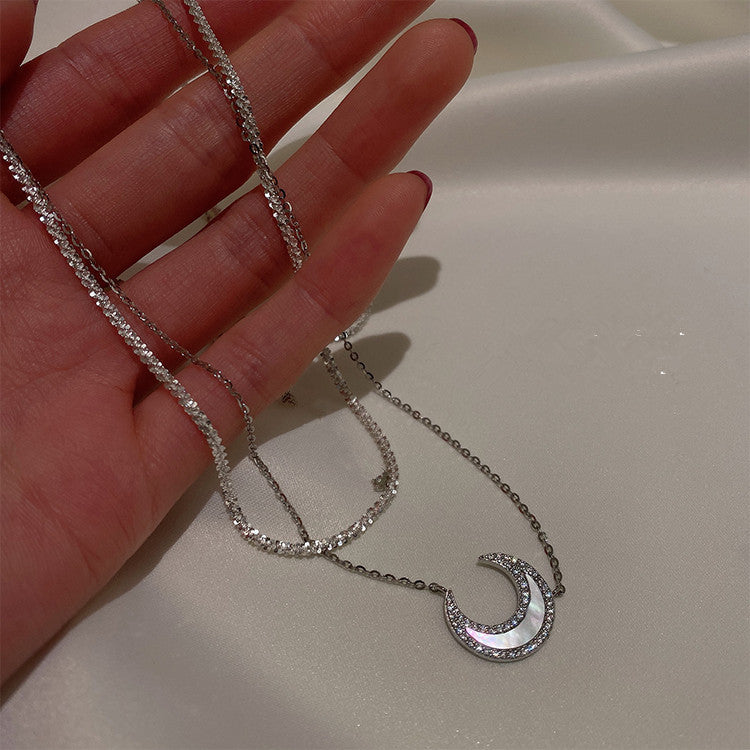 Double Layer Opal Moon Charm Necklace