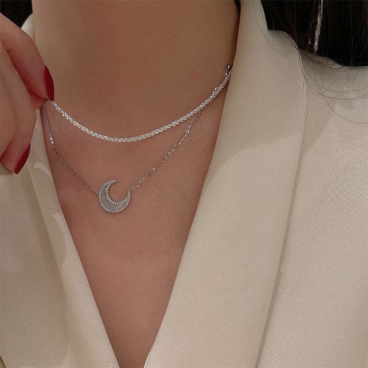 Double Layer Opal Moon Charm Necklace