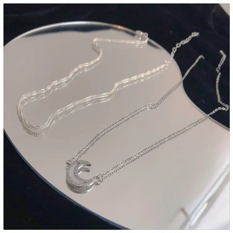 Double Layer Opal Moon Charm Necklace